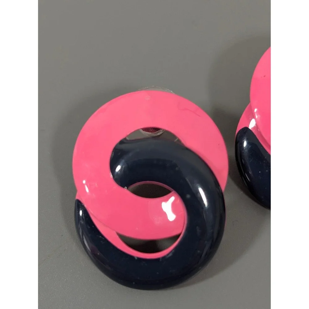 Vintage Pink Navy Enamel Swirl Earrings‎ Retro 80s 90s Statement